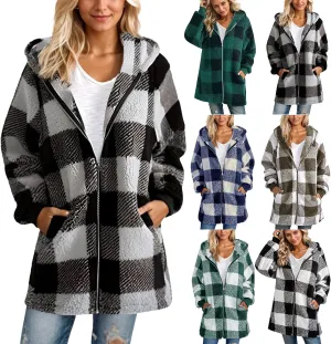 Sherpa Fleece Jacket Women Full Zip Up Plus Size Plaid Shacket Oversized Hooded Sweatshirt Trendy Winter Coat Outwear