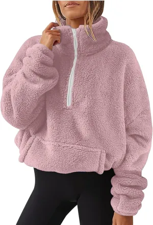 Sherpa Half Zip Pullover Women Oversized Quarter Zip Cropped Sweatshirt Fuzzy Fleece Lined Zip Up Hoodie with Pockets