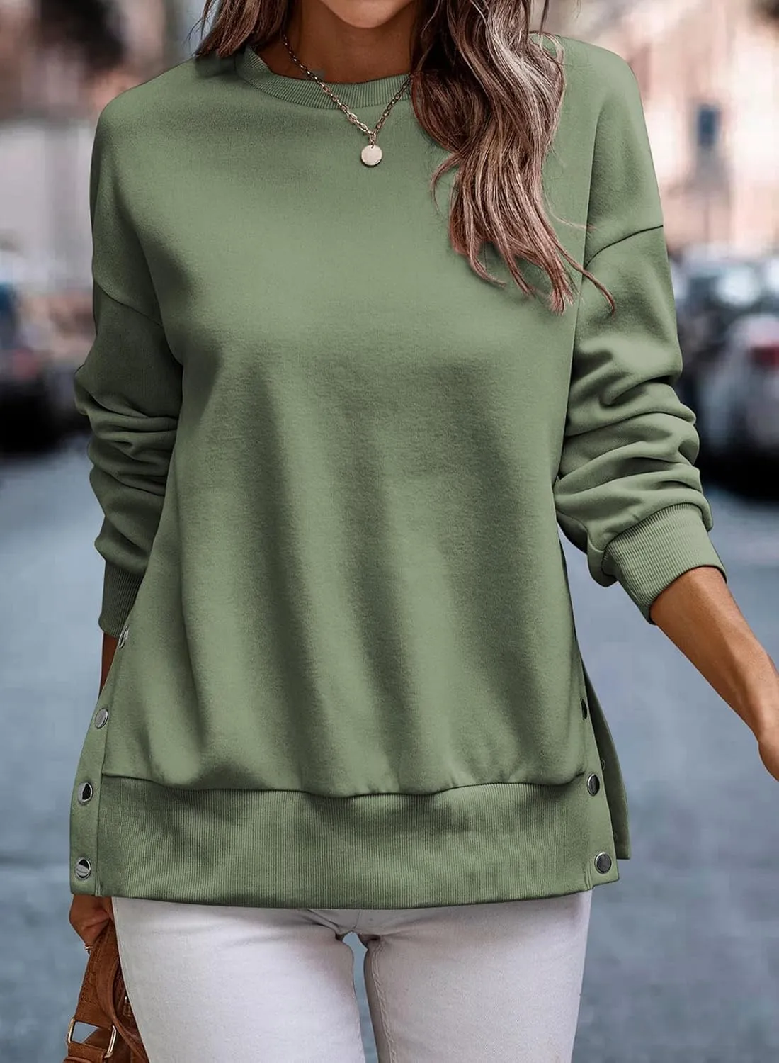 SHEWIN Womens Sweatshirt Casual Long Sleeve Lightweight Pullover Tops Loose Crewneck Sweatshirts with Side Slit