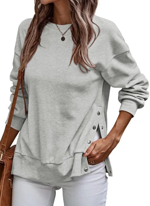 SHEWIN Womens Sweatshirt Casual Long Sleeve Lightweight Pullover Tops Loose Crewneck Sweatshirts with Side Slit