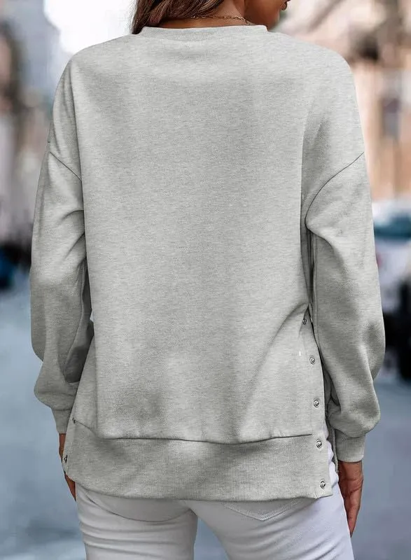 SHEWIN Womens Sweatshirt Casual Long Sleeve Lightweight Pullover Tops Loose Crewneck Sweatshirts with Side Slit