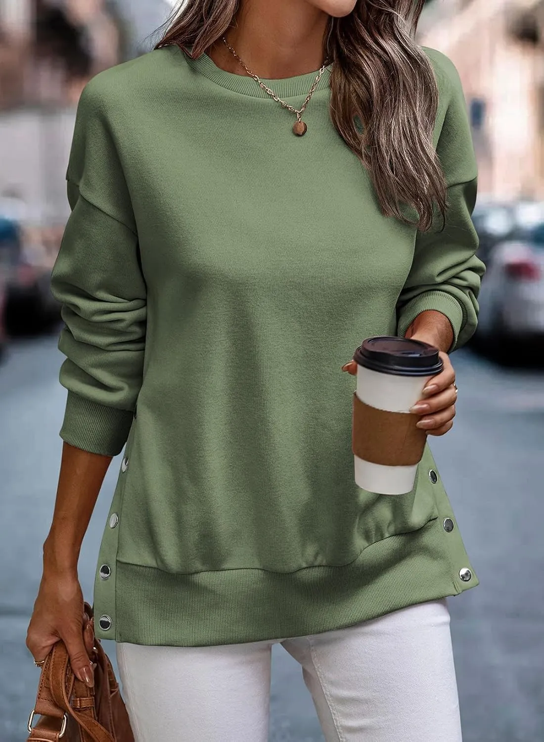 SHEWIN Womens Sweatshirt Casual Long Sleeve Lightweight Pullover Tops Loose Crewneck Sweatshirts with Side Slit