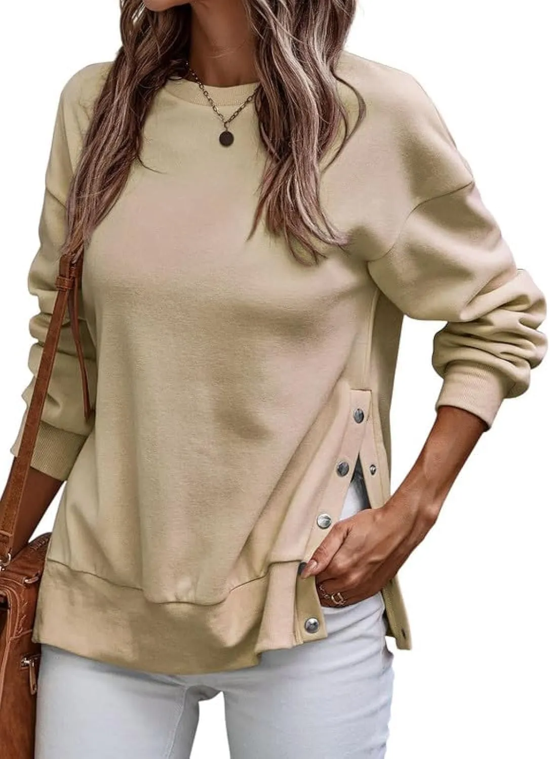 SHEWIN Womens Sweatshirt Casual Long Sleeve Lightweight Pullover Tops Loose Crewneck Sweatshirts with Side Slit