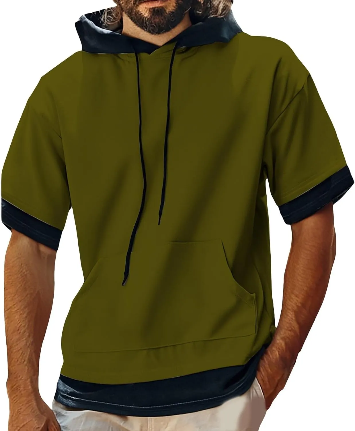 Short Sleeve Hoodies for Men Summer Colorblock Shirts Hooded with Pockets T-Shirt Pullover Tops Casual Workout Tees