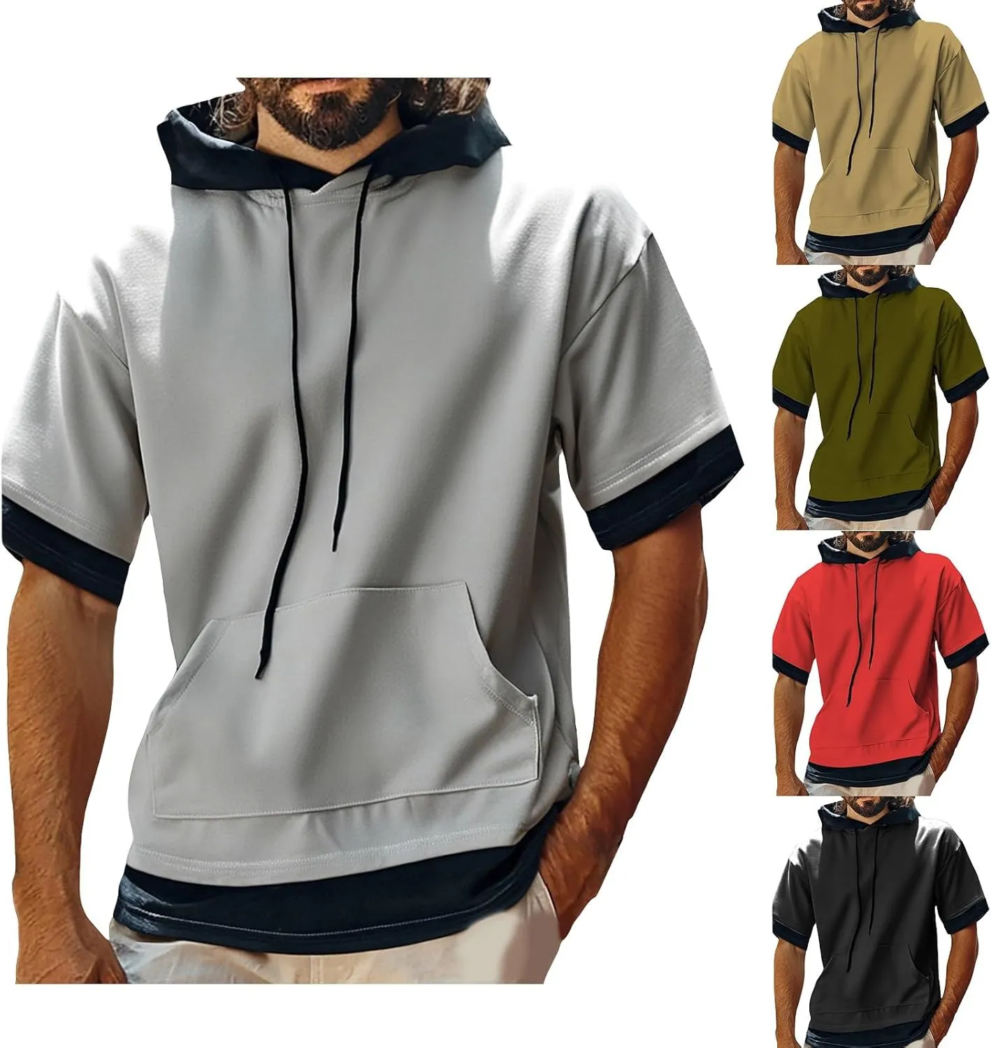 Short Sleeve Hoodies for Men Summer Colorblock Shirts Hooded with Pockets T-Shirt Pullover Tops Casual Workout Tees