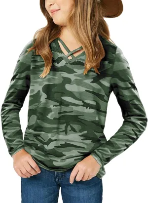simtuor Girls Camouflage Stripe Short Sleeve Shirts V Neck Criss Cross Tees Sweat Kids Casual Sport Tops Blouse（4-15T）
