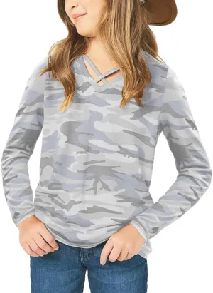 simtuor Girls Camouflage Stripe Short Sleeve Shirts V Neck Criss Cross Tees Sweat Kids Casual Sport Tops Blouse（4-15T）