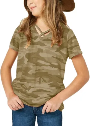 simtuor Girls Camouflage Stripe Short Sleeve Shirts V Neck Criss Cross Tees Sweat Kids Casual Sport Tops Blouse（4-15T）