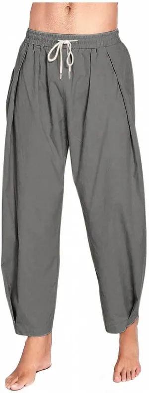 Sinzelimin Men's Linen Capri Pants Fashion Solid Color Cotton Drawstring Elastic Waist Loose Comfy Casual Wide Leg Sweatpant