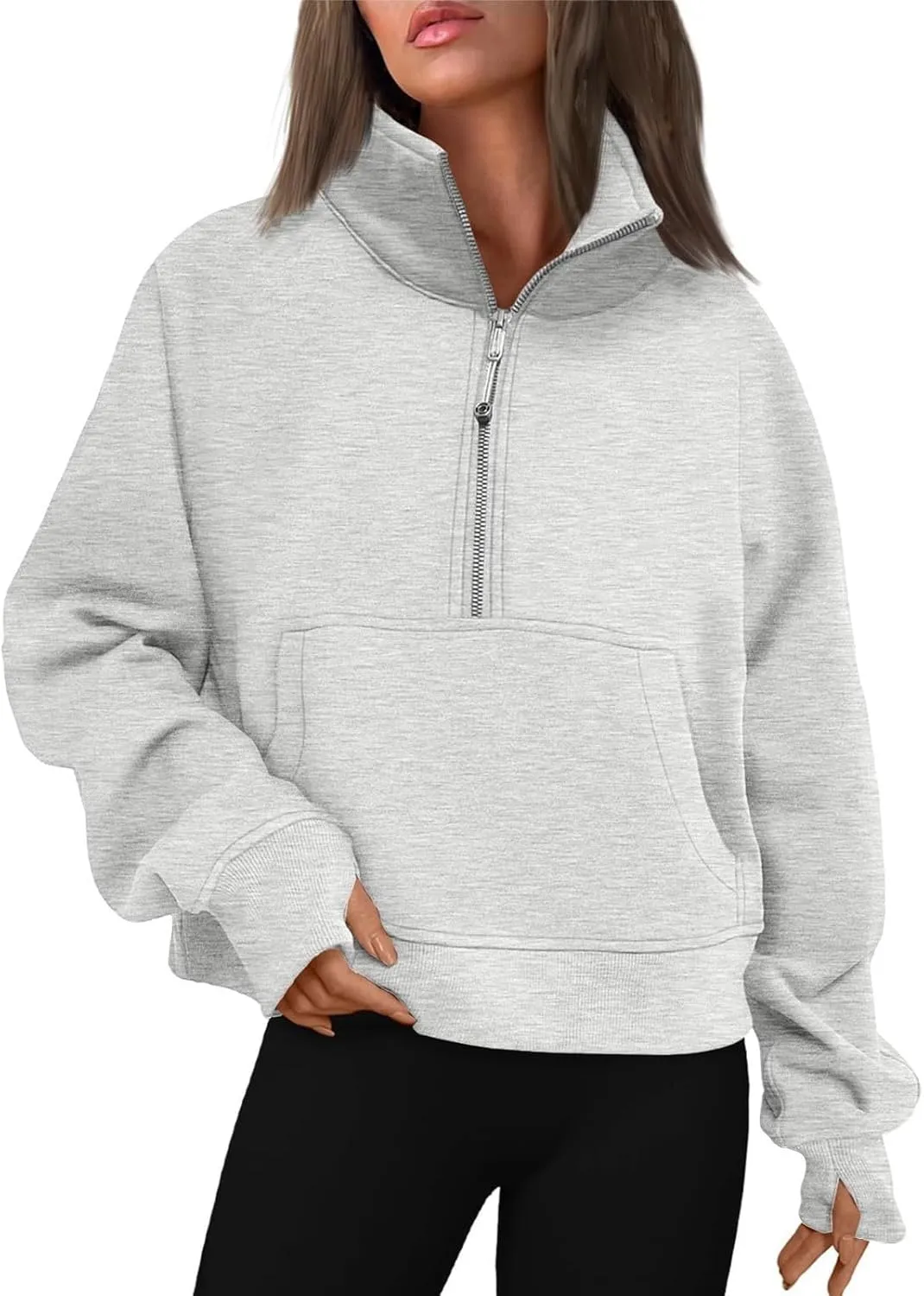 slqdgmryz Half Zip Pullover Women Cropped Fleece Oversized Sweatshirt Cute Pocket 1/2 Zipped Y2k Hoodie with Thumb Holes