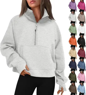 slqdgmryz Half Zip Pullover Women Cropped Fleece Oversized Sweatshirt Cute Pocket 1/2 Zipped Y2k Hoodie with Thumb Holes