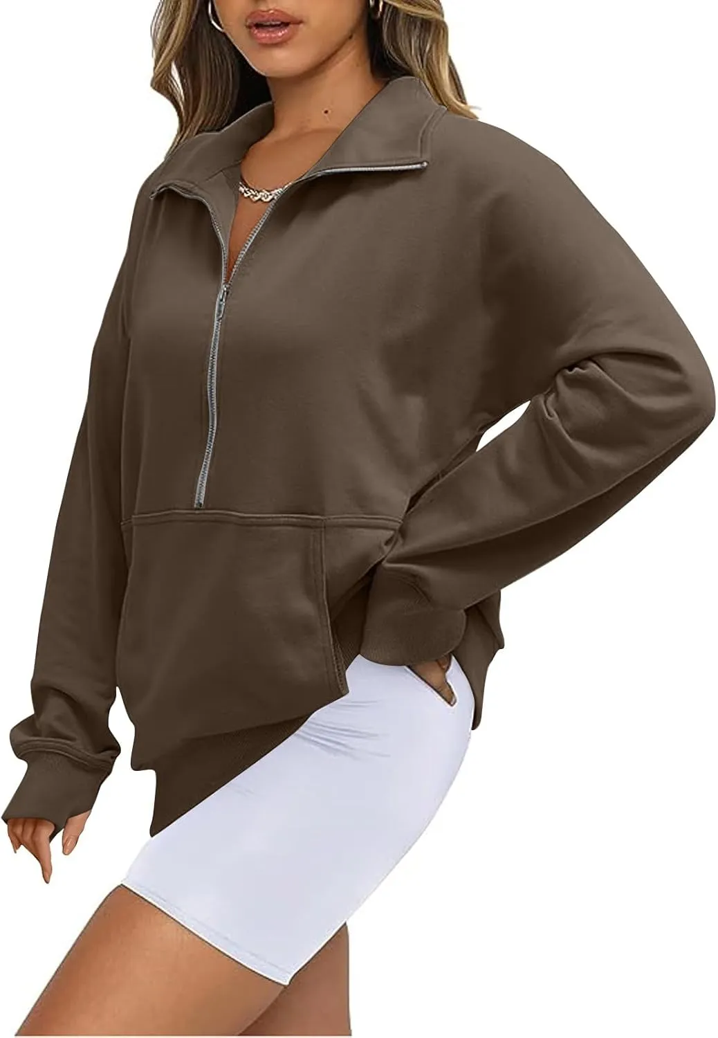 slqdgmryz Half Zip Pullover Women Cropped Fleece Oversized Sweatshirt Cute Pocket 1/2 Zipped Y2k Hoodie with Thumb Holes