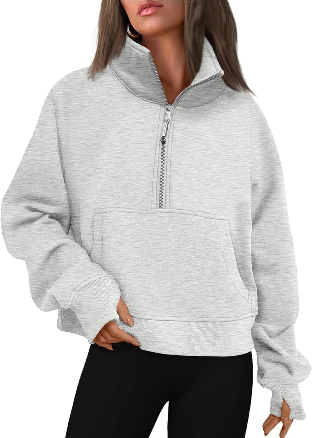 slqdgmryz Half Zip Pullover Women Cropped Fleece Oversized Sweatshirt Cute Pocket 1/2 Zipped Y2k Hoodie with Thumb Holes