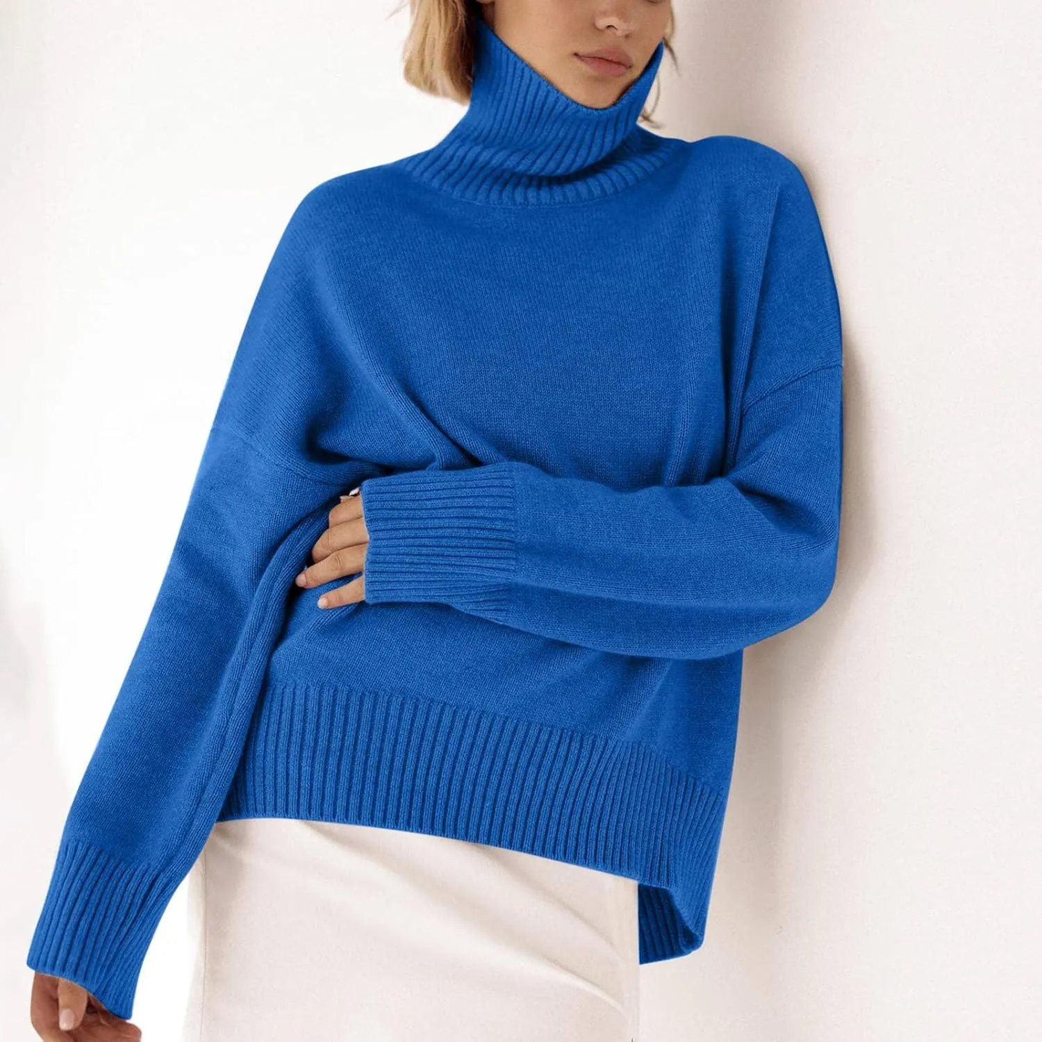 Solid Color Turtleneck Sweater Jumpers for Women Oversized Knitted Chunky Fall Winter Pullover Loose Knit Blouse