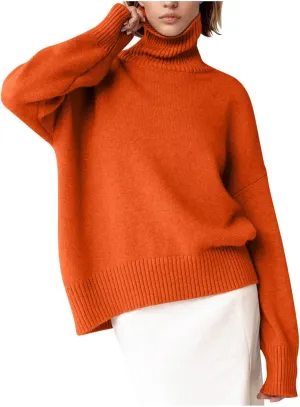Solid Color Turtleneck Sweater Jumpers for Women Oversized Knitted Chunky Fall Winter Pullover Loose Knit Blouse