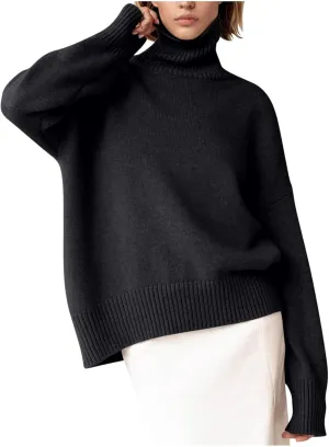 Solid Color Turtleneck Sweater Jumpers for Women Oversized Knitted Chunky Fall Winter Pullover Loose Knit Blouse