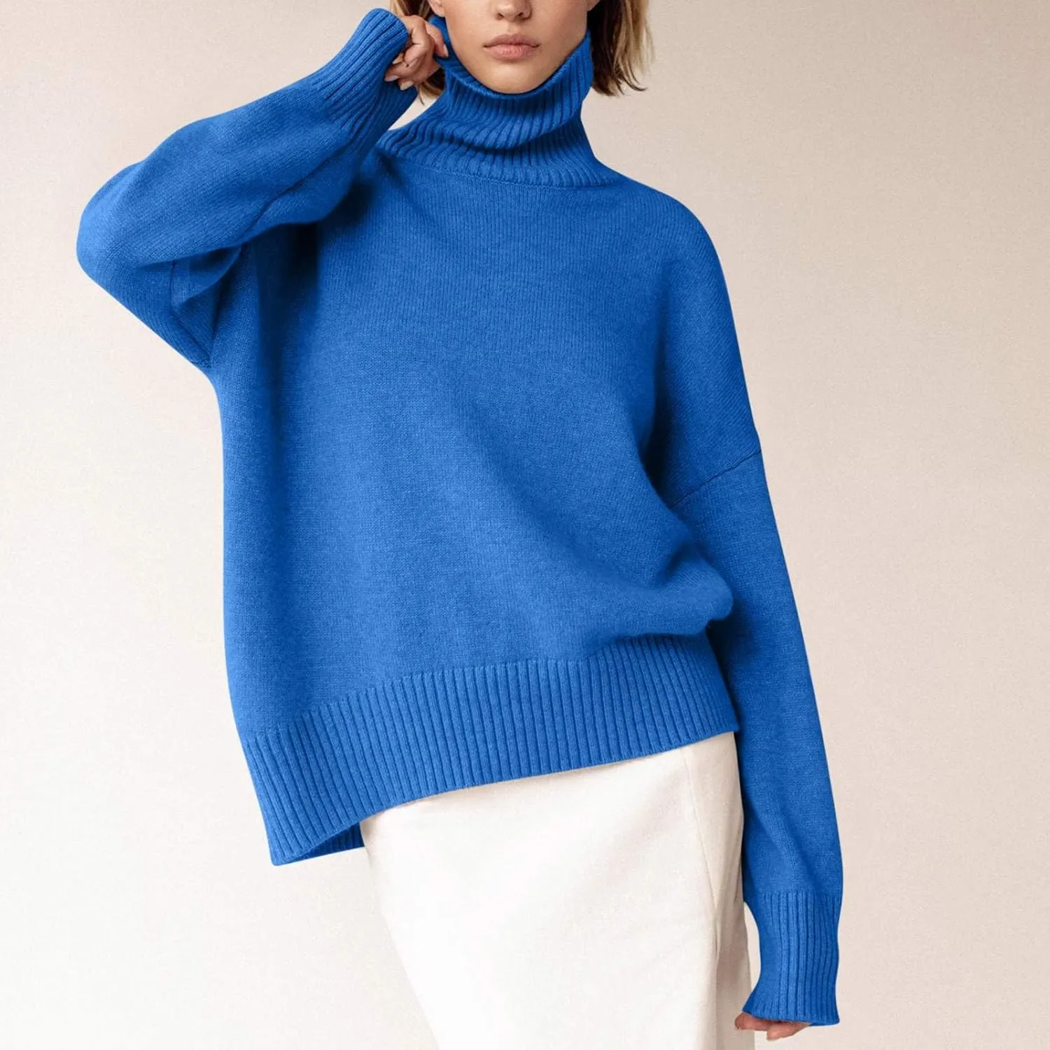 Solid Color Turtleneck Sweater Jumpers for Women Oversized Knitted Chunky Fall Winter Pullover Loose Knit Blouse