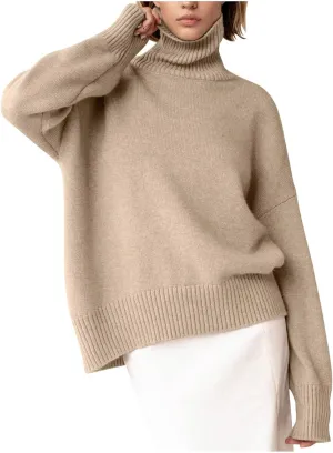 Solid Color Turtleneck Sweater Jumpers for Women Oversized Knitted Chunky Fall Winter Pullover Loose Knit Blouse