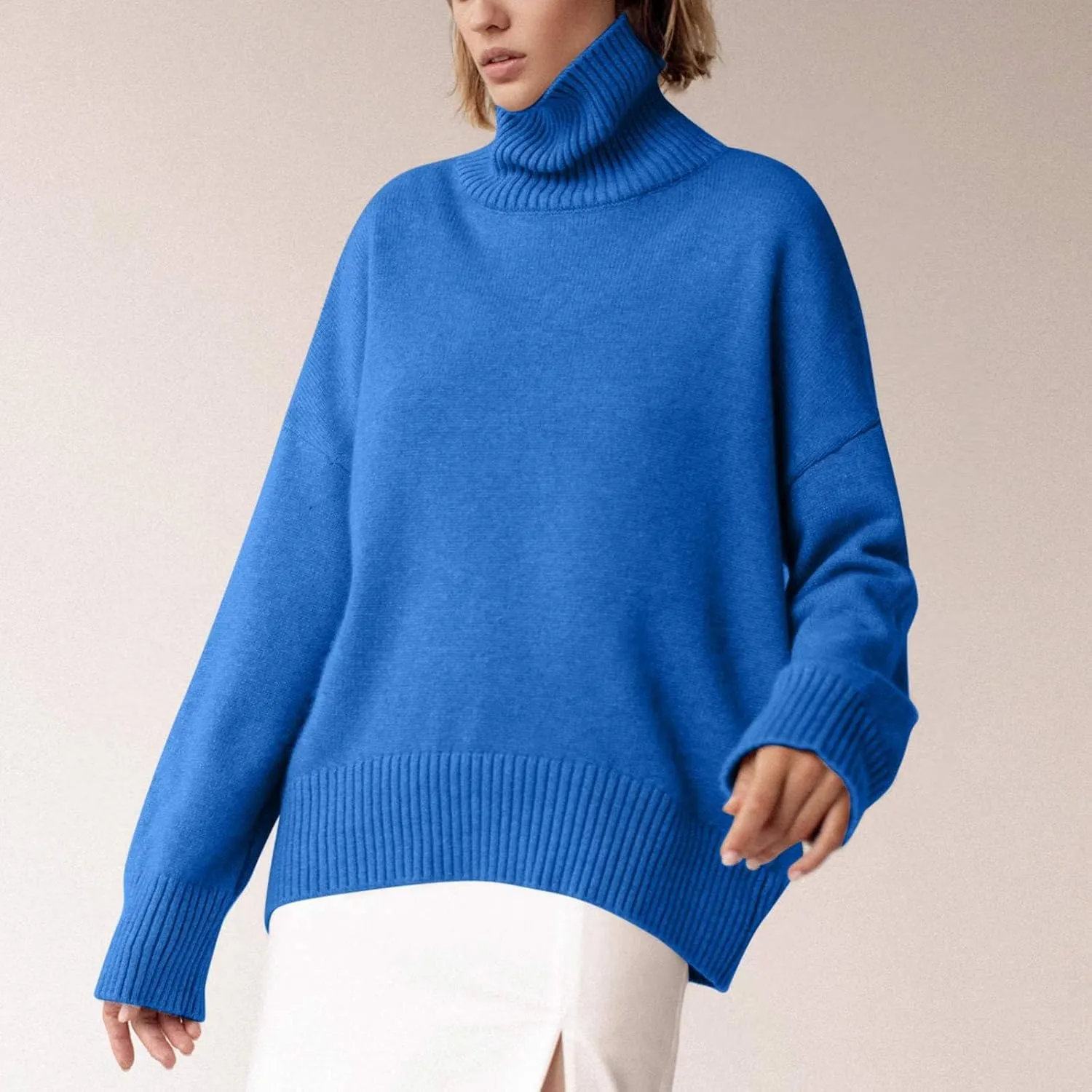 Solid Color Turtleneck Sweater Jumpers for Women Oversized Knitted Chunky Fall Winter Pullover Loose Knit Blouse