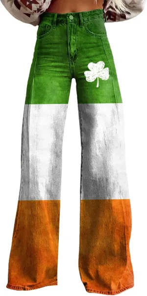 St Patrick's Day Jeans for Women Wide Leg Baggy Vintage Irish Clover Printed High Waisted Straight Pants with Pocket