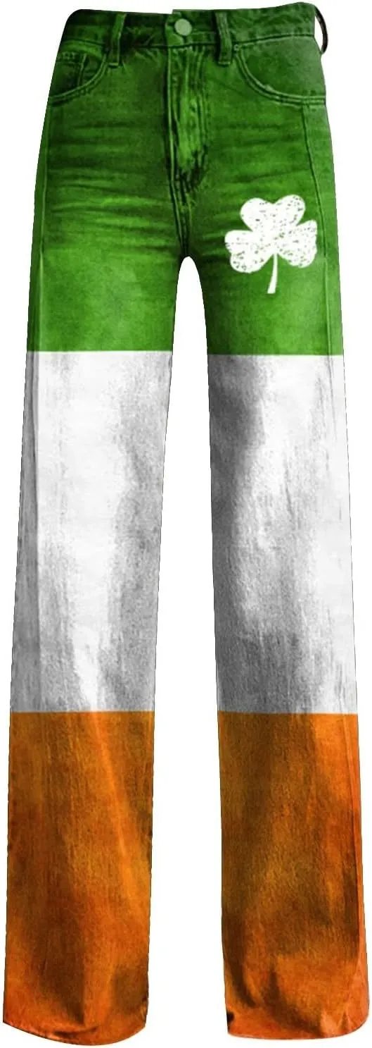 St Patrick's Day Jeans for Women Wide Leg Baggy Vintage Irish Clover Printed High Waisted Straight Pants with Pocket