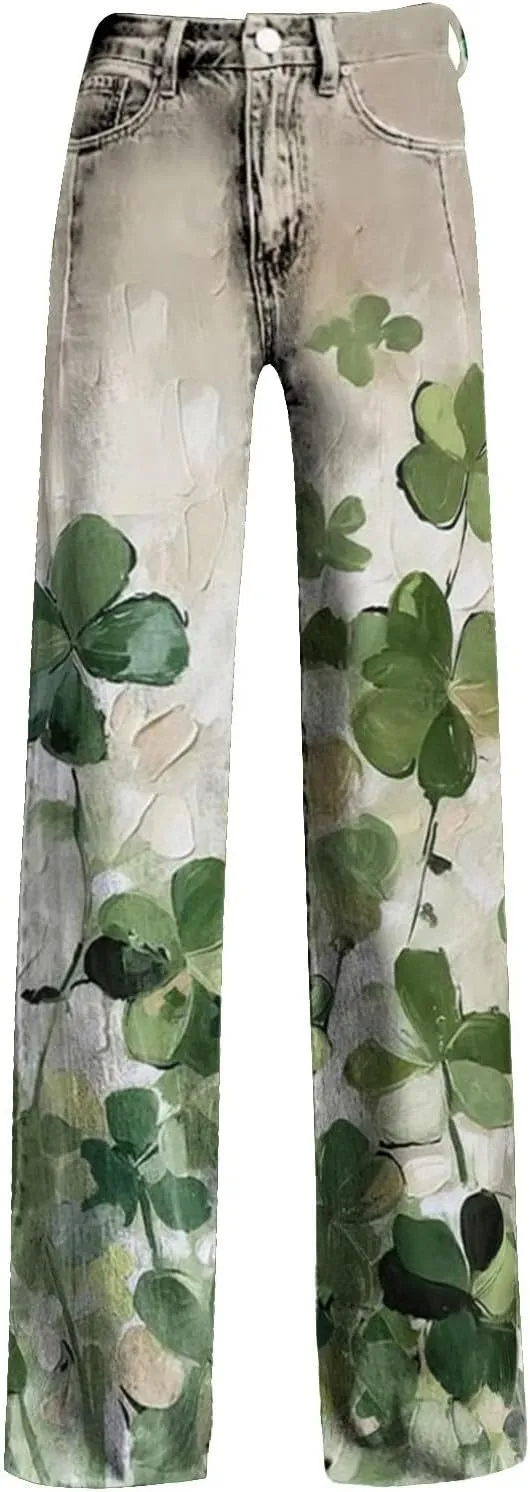St Patrick's Day Jeans for Women Wide Leg Baggy Vintage Irish Clover Printed High Waisted Straight Pants with Pocket