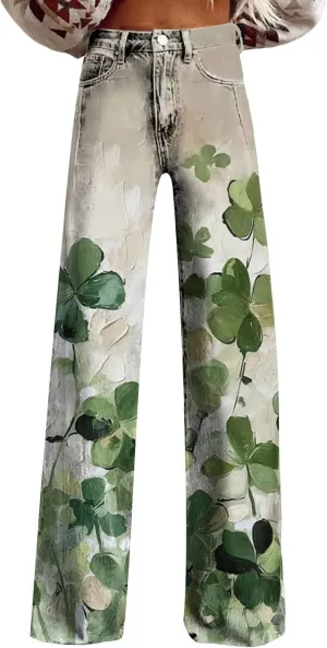 St Patrick's Day Jeans for Women Wide Leg Baggy Vintage Irish Clover Printed High Waisted Straight Pants with Pocket