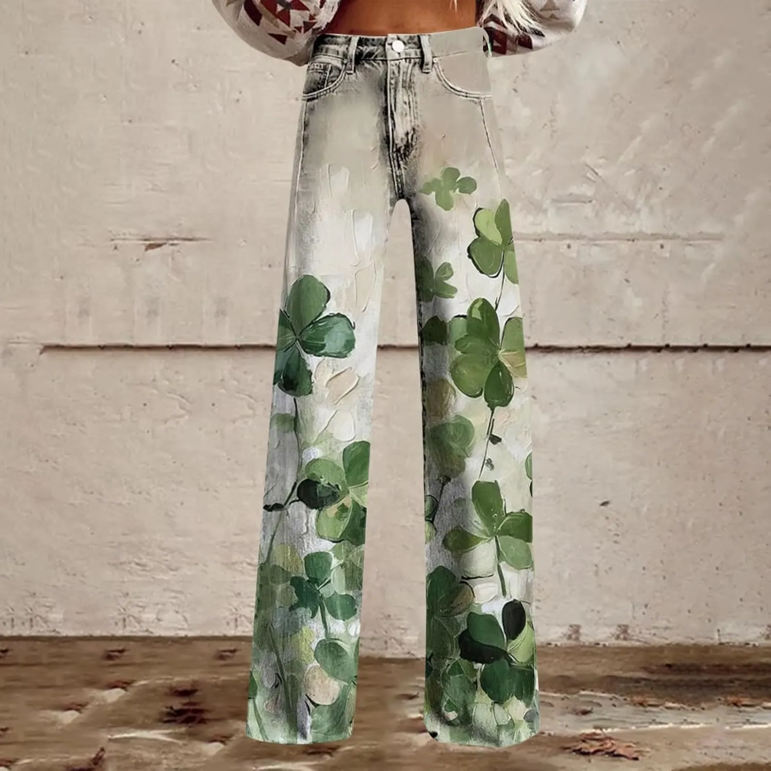 St Patrick's Day Jeans for Women Wide Leg Baggy Vintage Irish Clover Printed High Waisted Straight Pants with Pocket