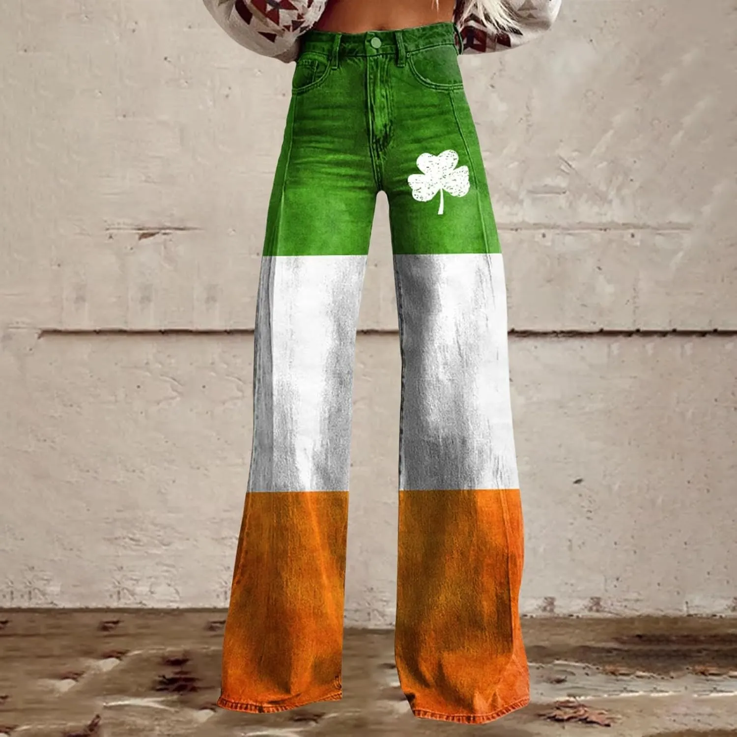 St Patrick's Day Jeans for Women Wide Leg Baggy Vintage Irish Clover Printed High Waisted Straight Pants with Pocket