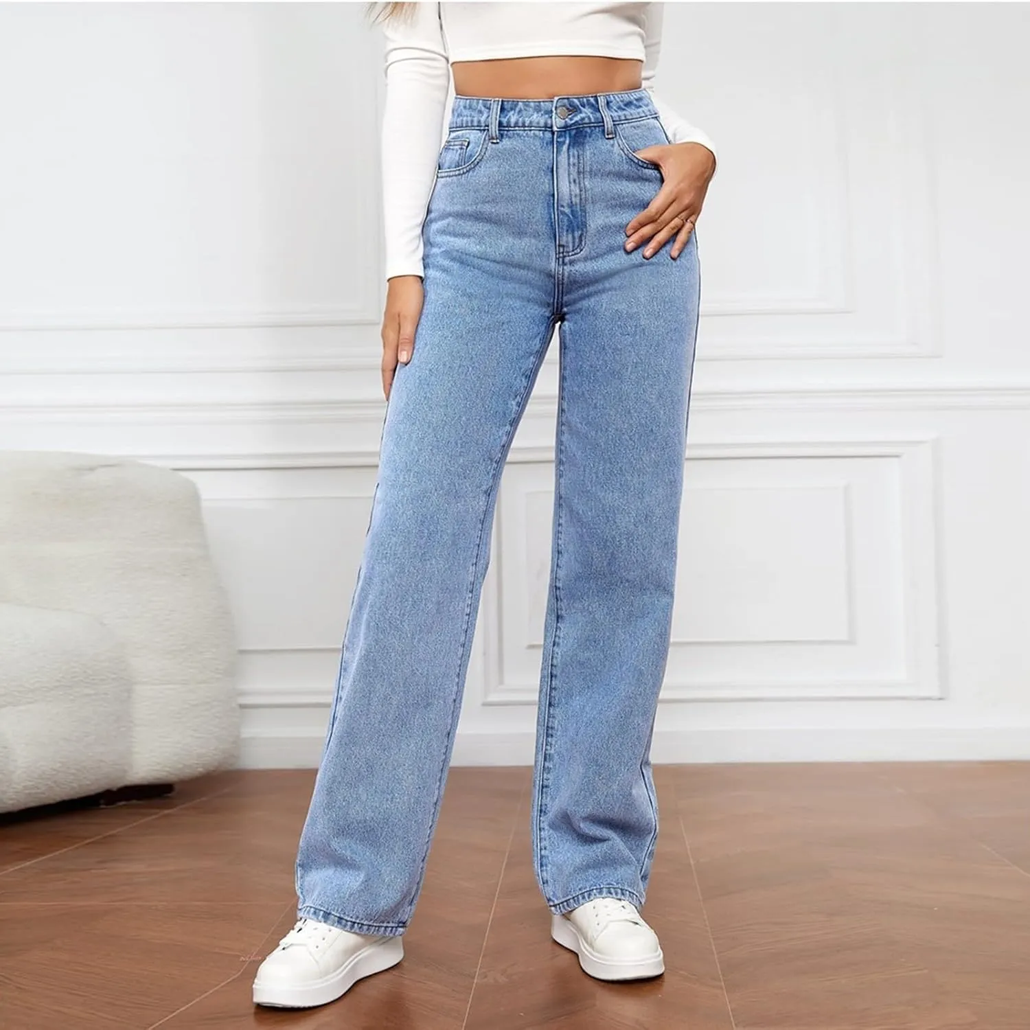Straight Leg Jeans for Women,Trendy Retro High Waisted Wide Leg Stretch Boyfriend Denim Pants