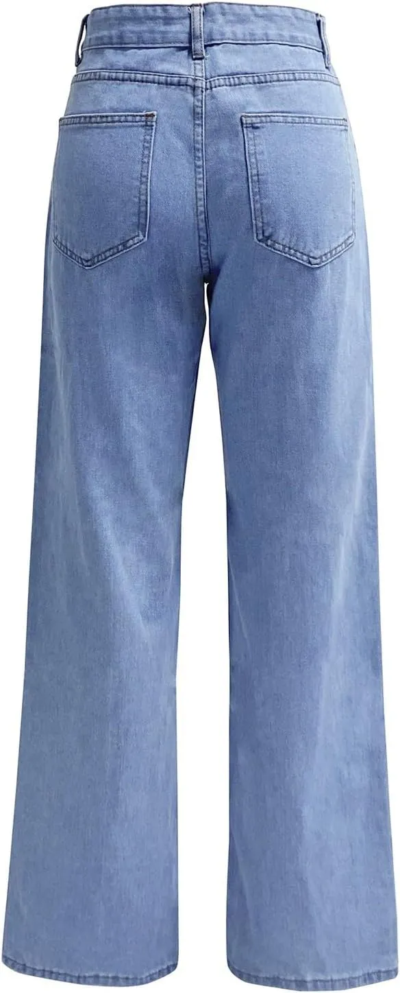 Straight Leg Jeans for Women,Trendy Retro High Waisted Wide Leg Stretch Boyfriend Denim Pants