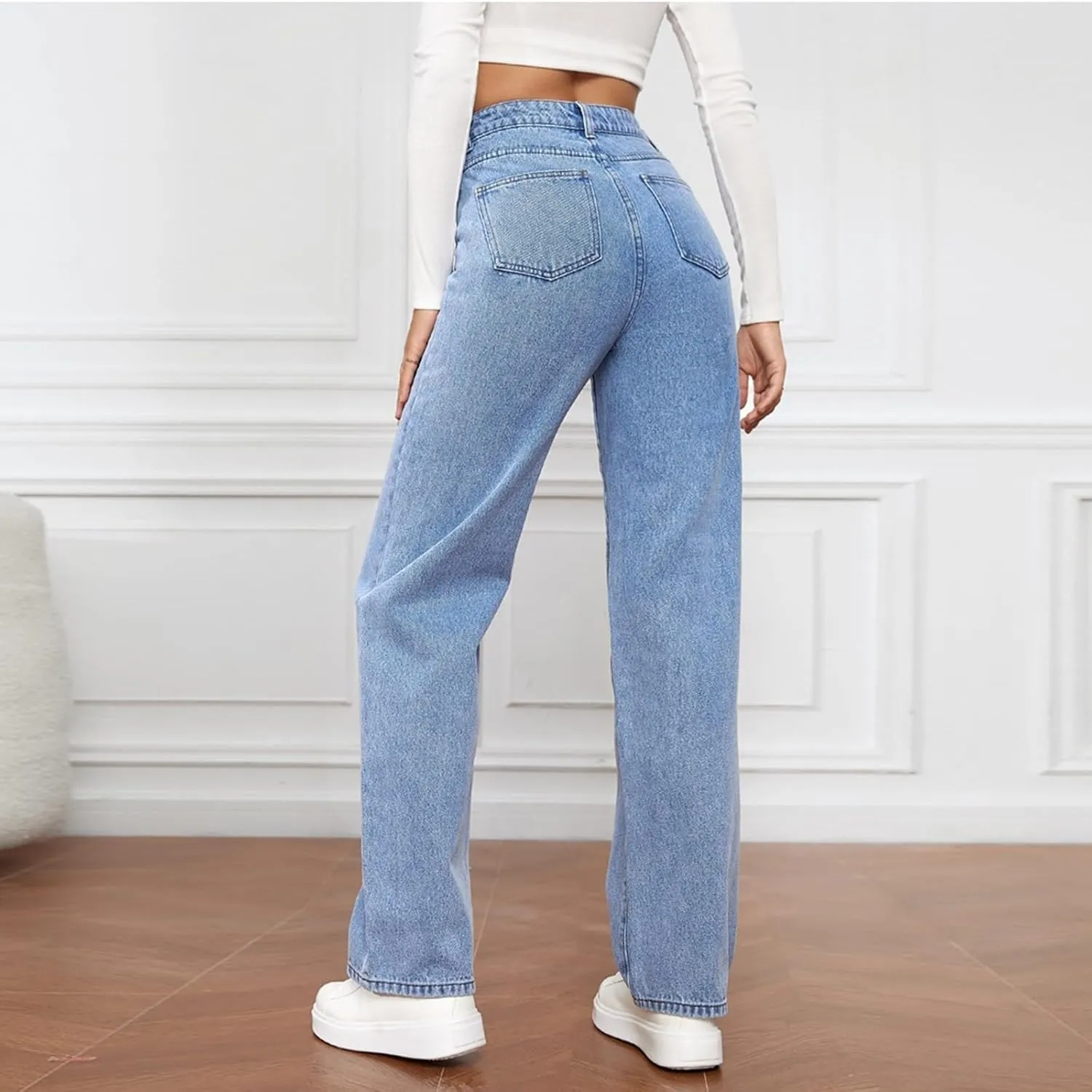 Straight Leg Jeans for Women,Trendy Retro High Waisted Wide Leg Stretch Boyfriend Denim Pants
