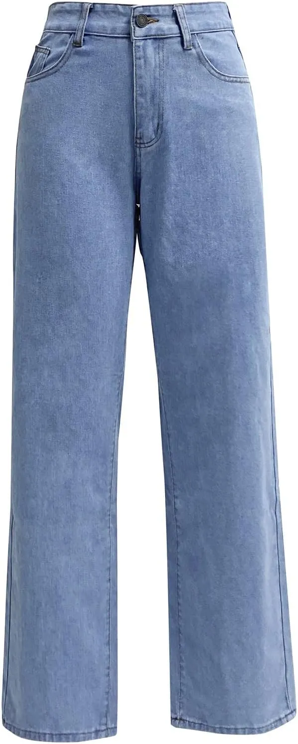 Straight Leg Jeans for Women,Trendy Retro High Waisted Wide Leg Stretch Boyfriend Denim Pants