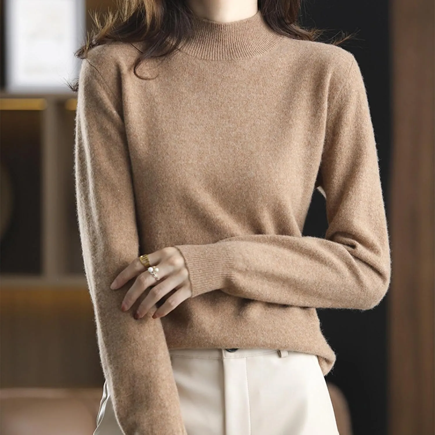 Sweater for Women Long Sleeve High Neck Knitted Pullover Plain Fall Tops Spring Loose Fit Knit Oversized Turtleneck Tunic
