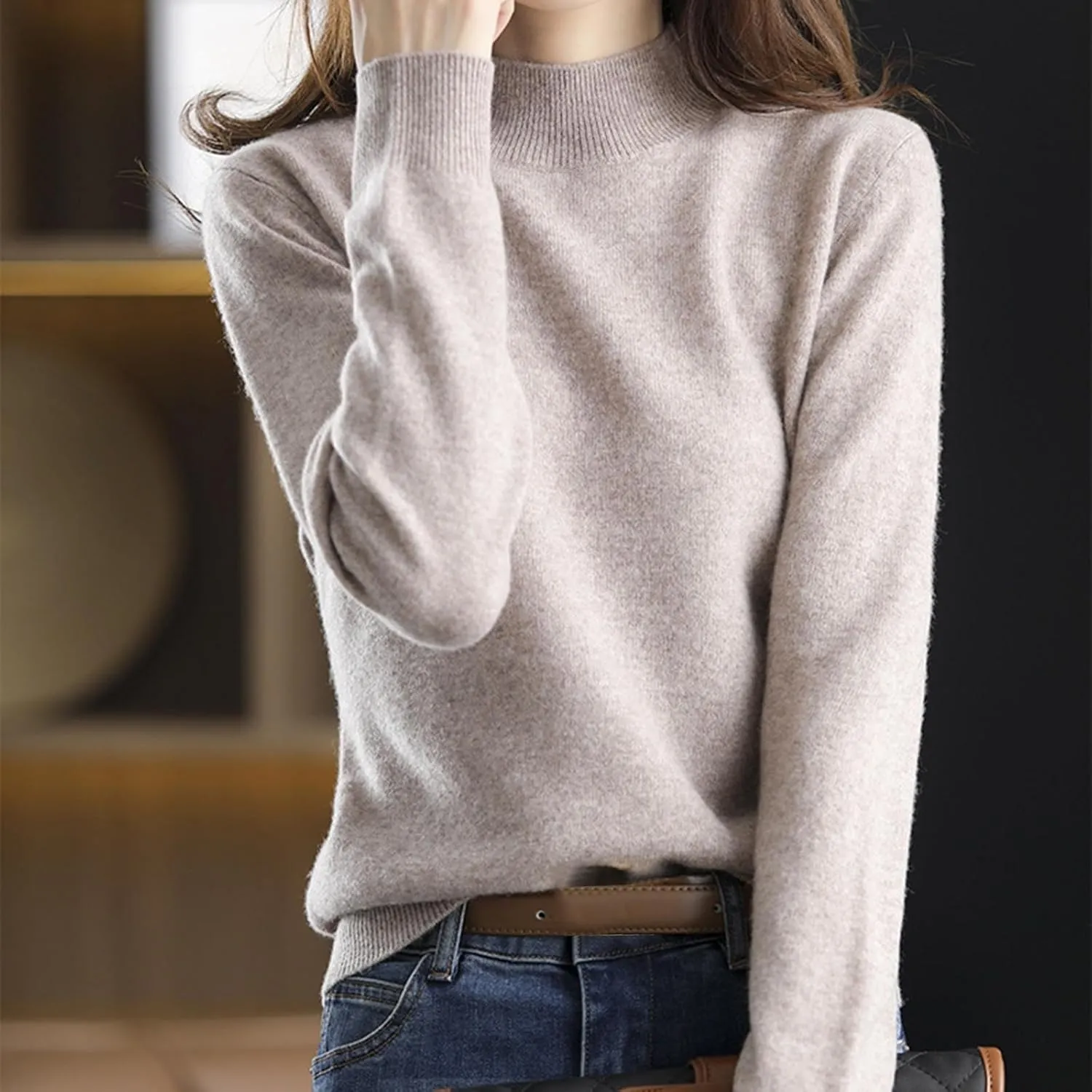 Sweater for Women Long Sleeve High Neck Knitted Pullover Plain Fall Tops Spring Loose Fit Knit Oversized Turtleneck Tunic