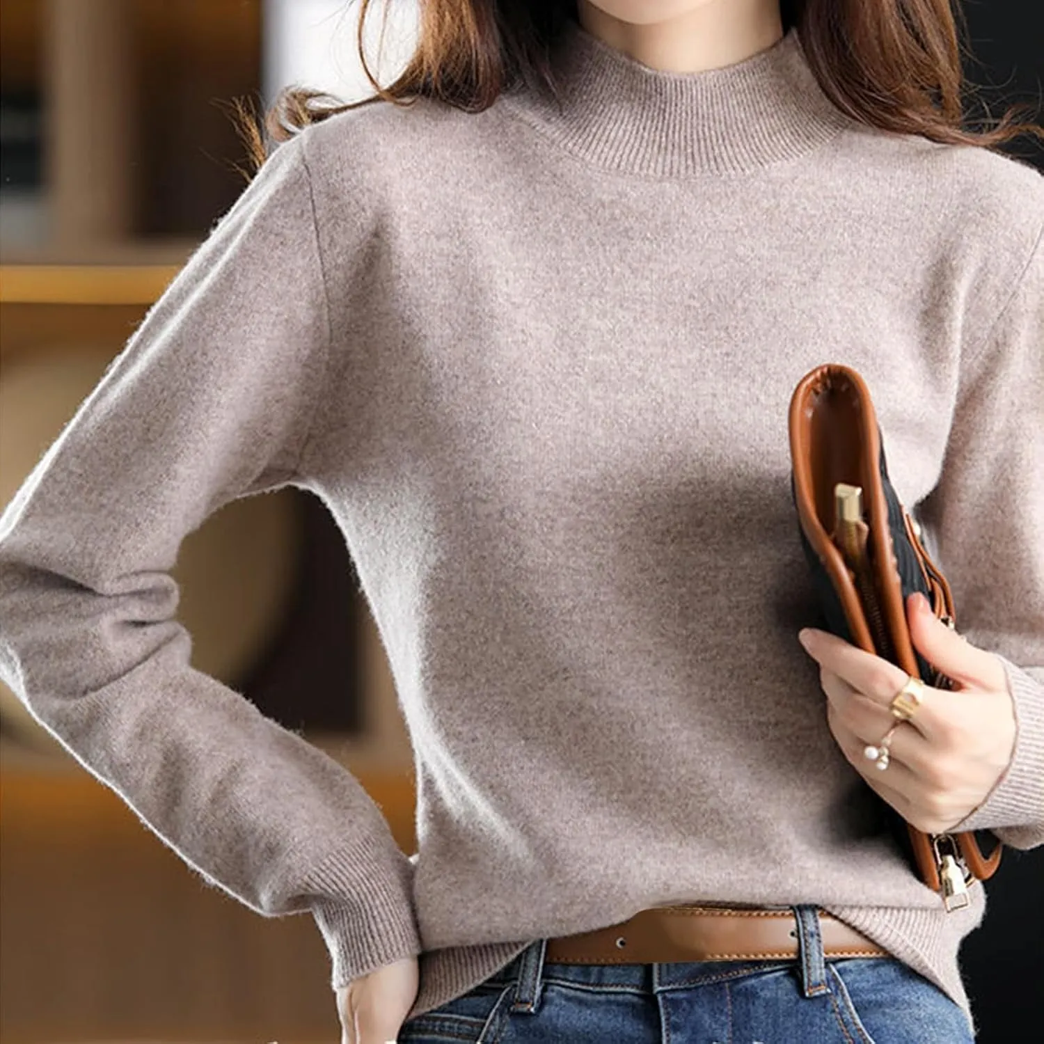 Sweater for Women Long Sleeve High Neck Knitted Pullover Plain Fall Tops Spring Loose Fit Knit Oversized Turtleneck Tunic
