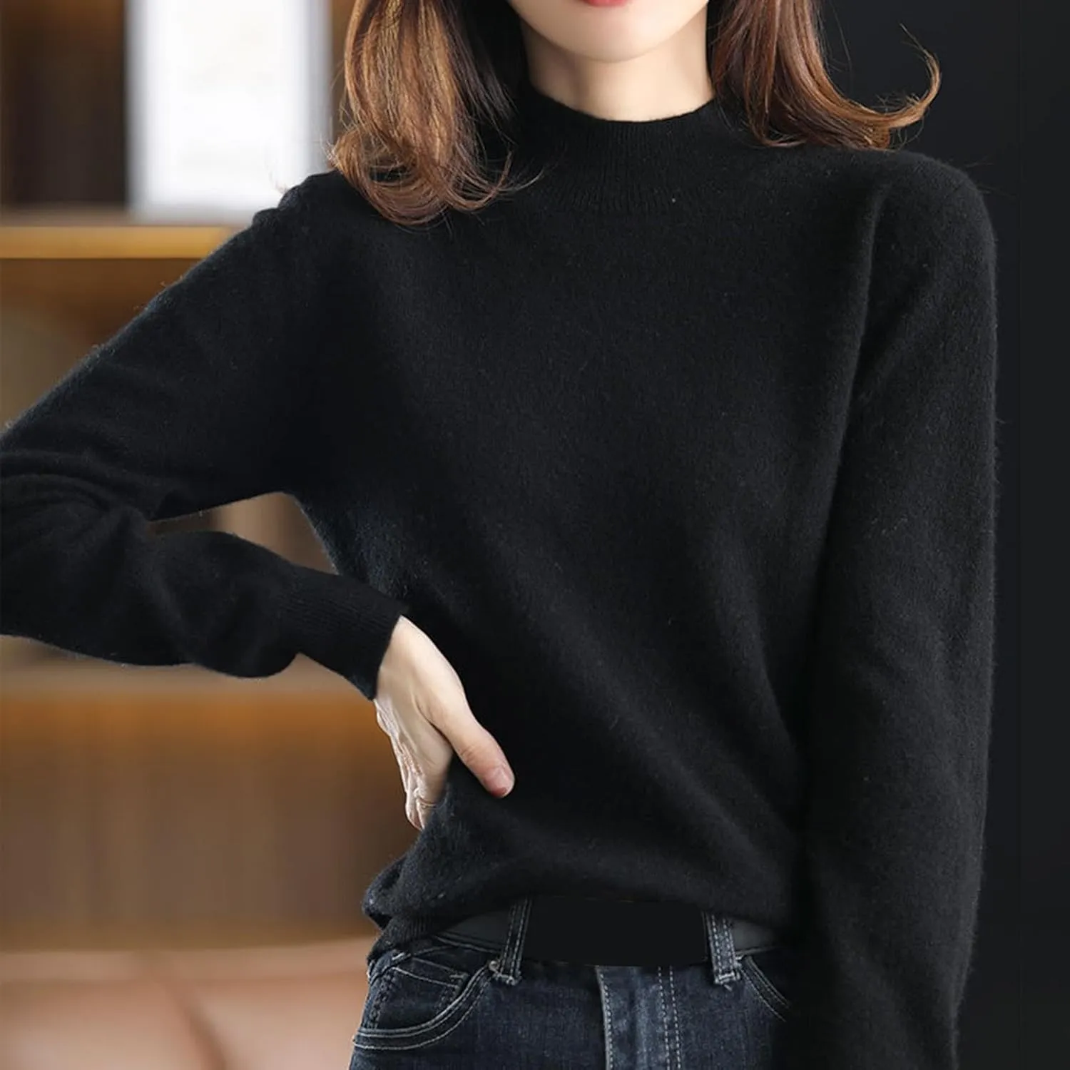 Sweater for Women Long Sleeve High Neck Knitted Pullover Plain Fall Tops Spring Loose Fit Knit Oversized Turtleneck Tunic