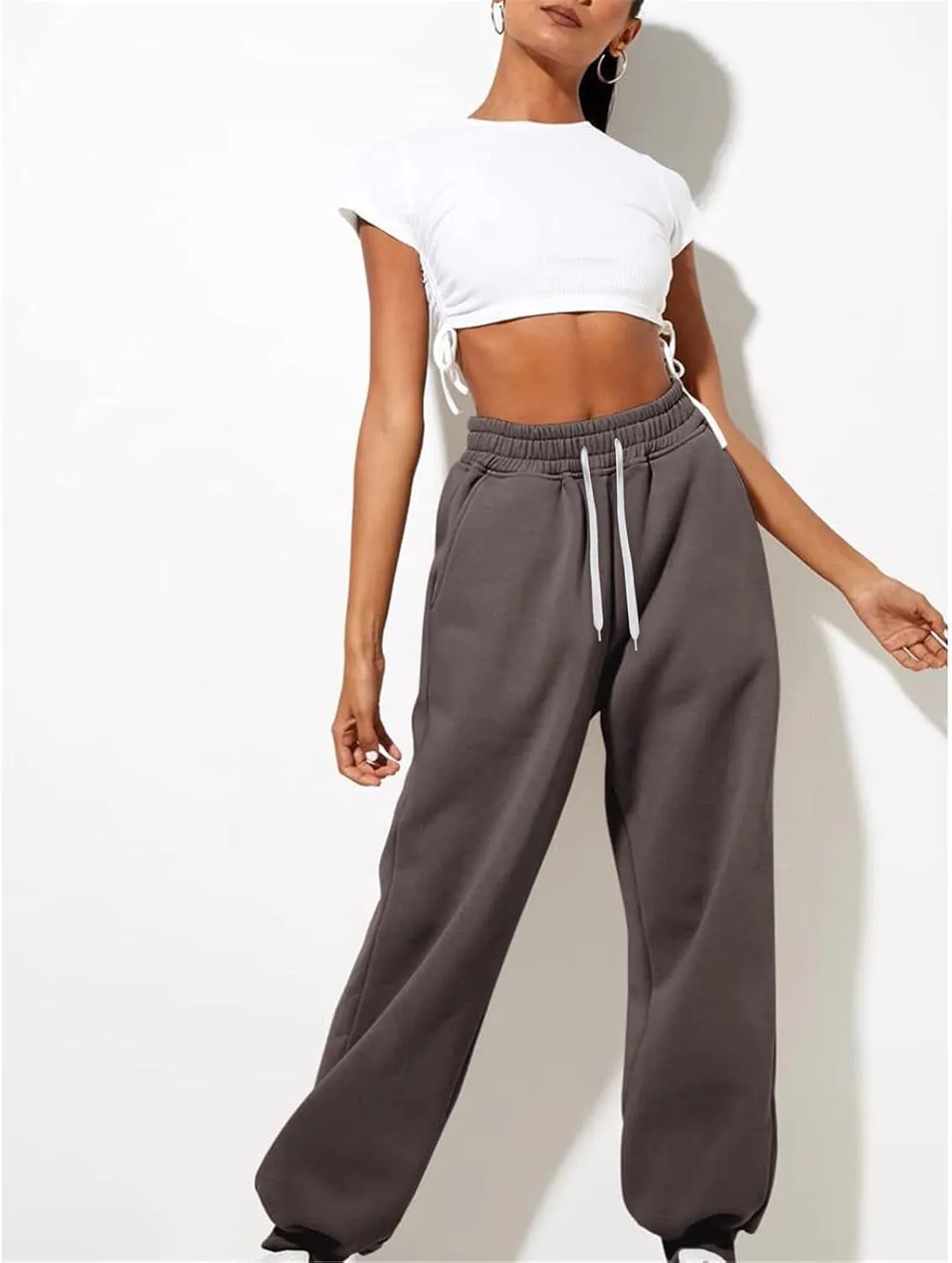 Sweatpants for Women Ladies Solid Color Drawstring Elastic Waist Casual Loose Foot Fleece Casual Athletic Workout