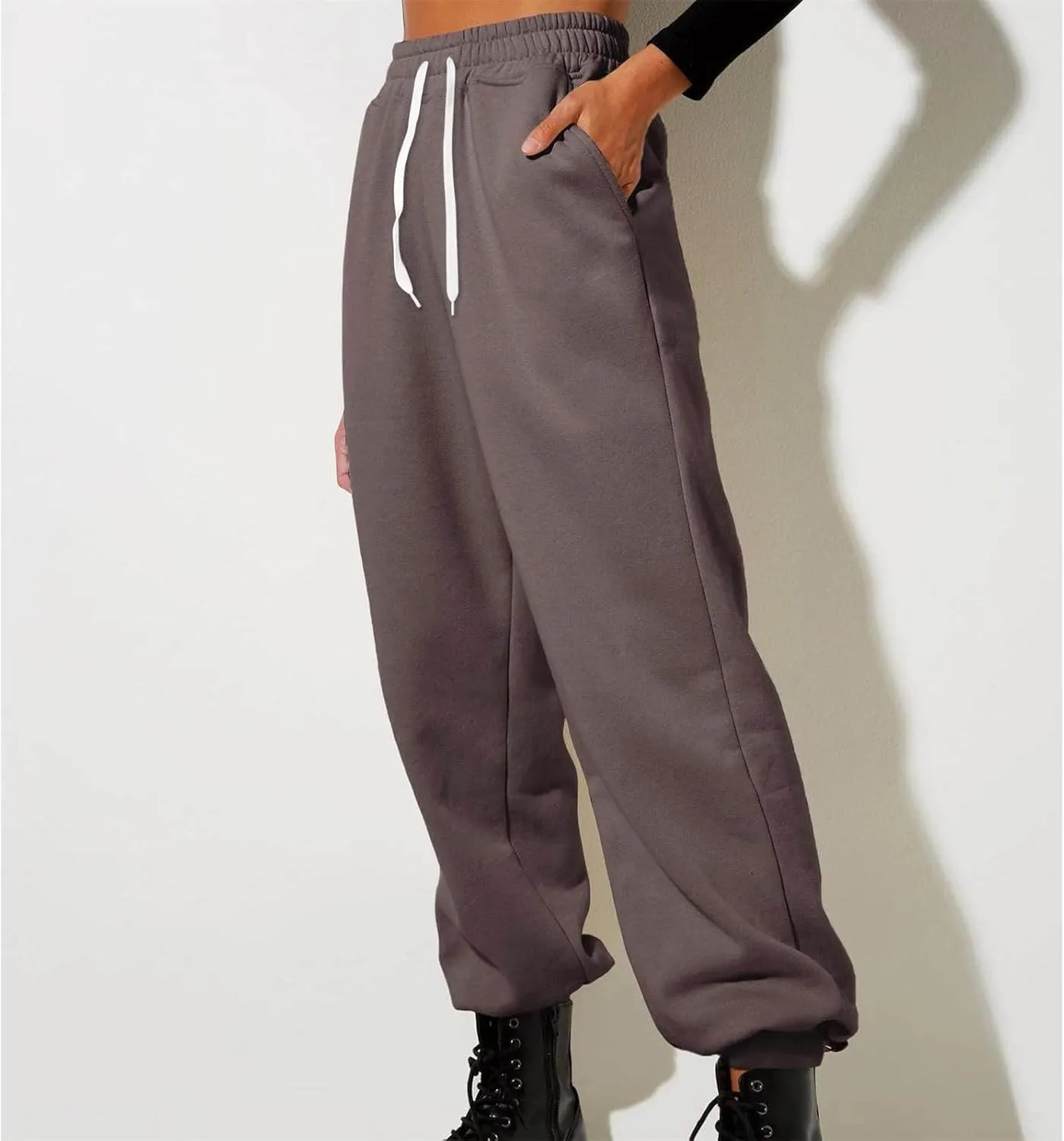 Sweatpants for Women Ladies Solid Color Drawstring Elastic Waist Casual Loose Foot Fleece Casual Athletic Workout