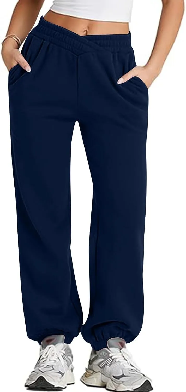 Sweatpants Women Baggy Crossover Waist Cotton Sweatpants Casual Joggers with Pockets Fleece Lined Cotton Joggers