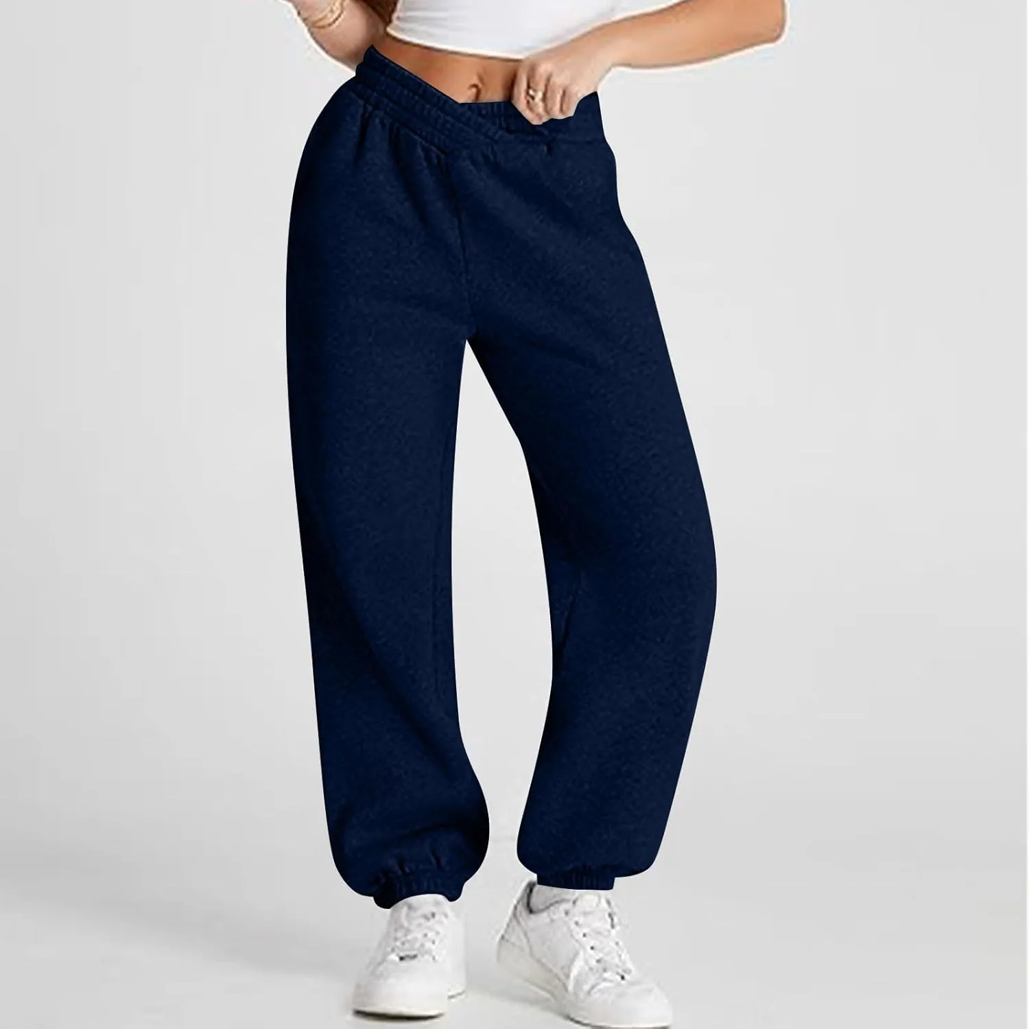 Sweatpants Women Baggy Crossover Waist Cotton Sweatpants Casual Joggers with Pockets Fleece Lined Cotton Joggers