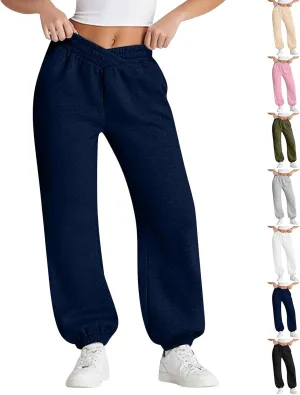 Sweatpants Women Baggy Crossover Waist Cotton Sweatpants Casual Joggers with Pockets Fleece Lined Cotton Joggers