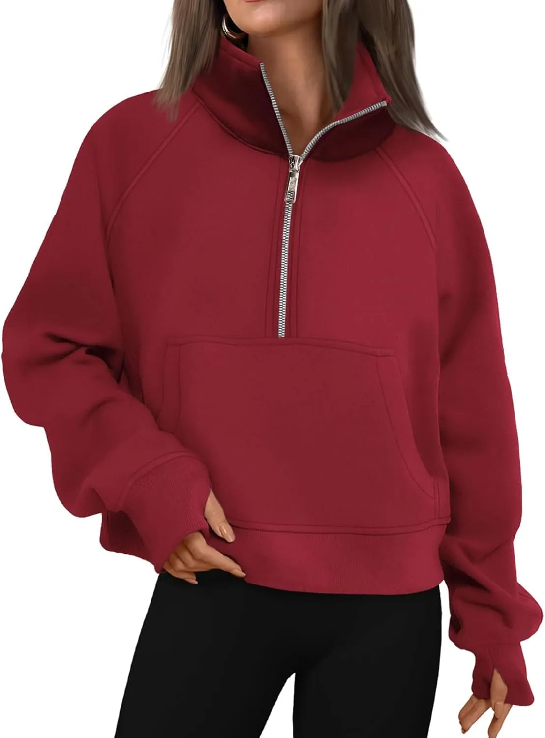 Sweatshirt for Womens Fall Fashion 2024 Half Zip Cropped Sweatshirt Pullover Fleece Quarter Zip Hoodie Thumb Hole