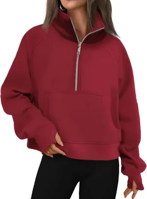 Sweatshirt for Womens Fall Fashion 2024 Half Zip Cropped Sweatshirt Pullover Fleece Quarter Zip Hoodie Thumb Hole