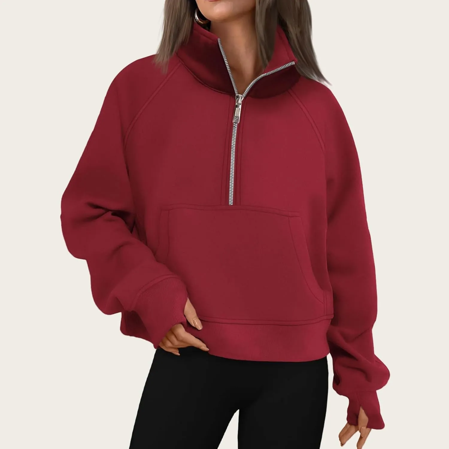 Sweatshirt for Womens Fall Fashion 2024 Half Zip Cropped Sweatshirt Pullover Fleece Quarter Zip Hoodie Thumb Hole