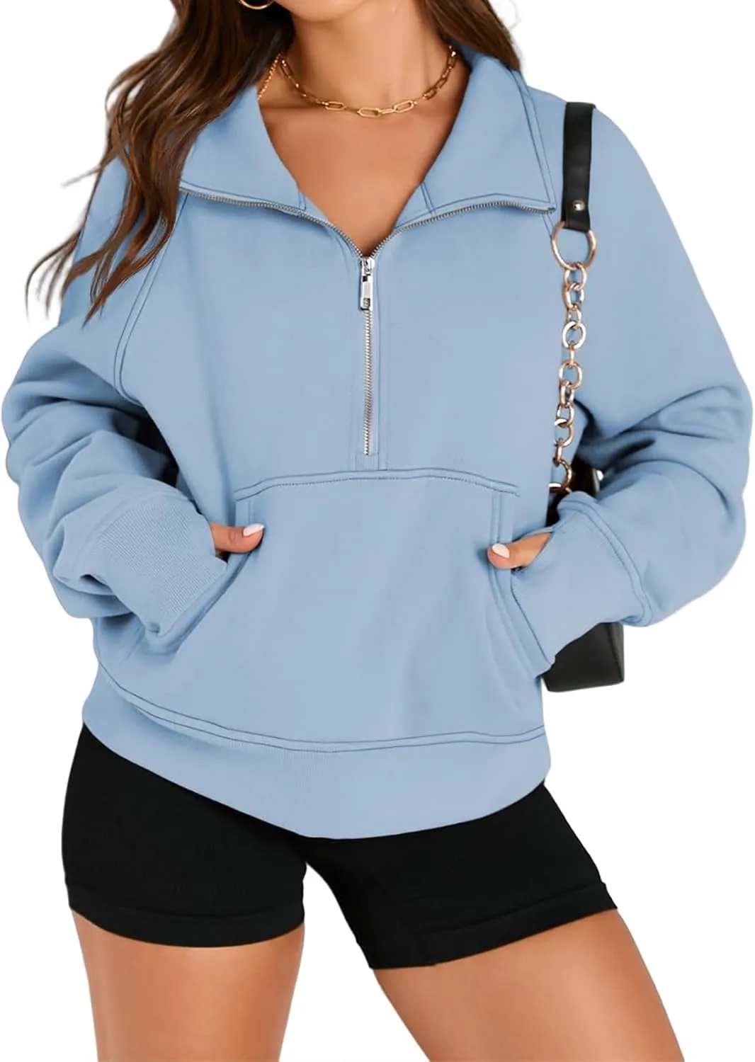 Sweatshirt for Womens Fall Fashion 2024 Half Zip Cropped Sweatshirt Pullover Fleece Quarter Zipper Hoodie Thumb Hole