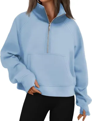 Sweatshirt for Womens Fall Fashion 2024 Half Zip Cropped Sweatshirt Pullover Fleece Quarter Zipper Hoodie Thumb Hole