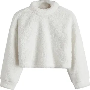 SweatyRocks Girl's Fuzzy Fleece Long Sleeve High Neck Cropped Teddy Tops Casual Cute Pullover Warm Sweatshirts