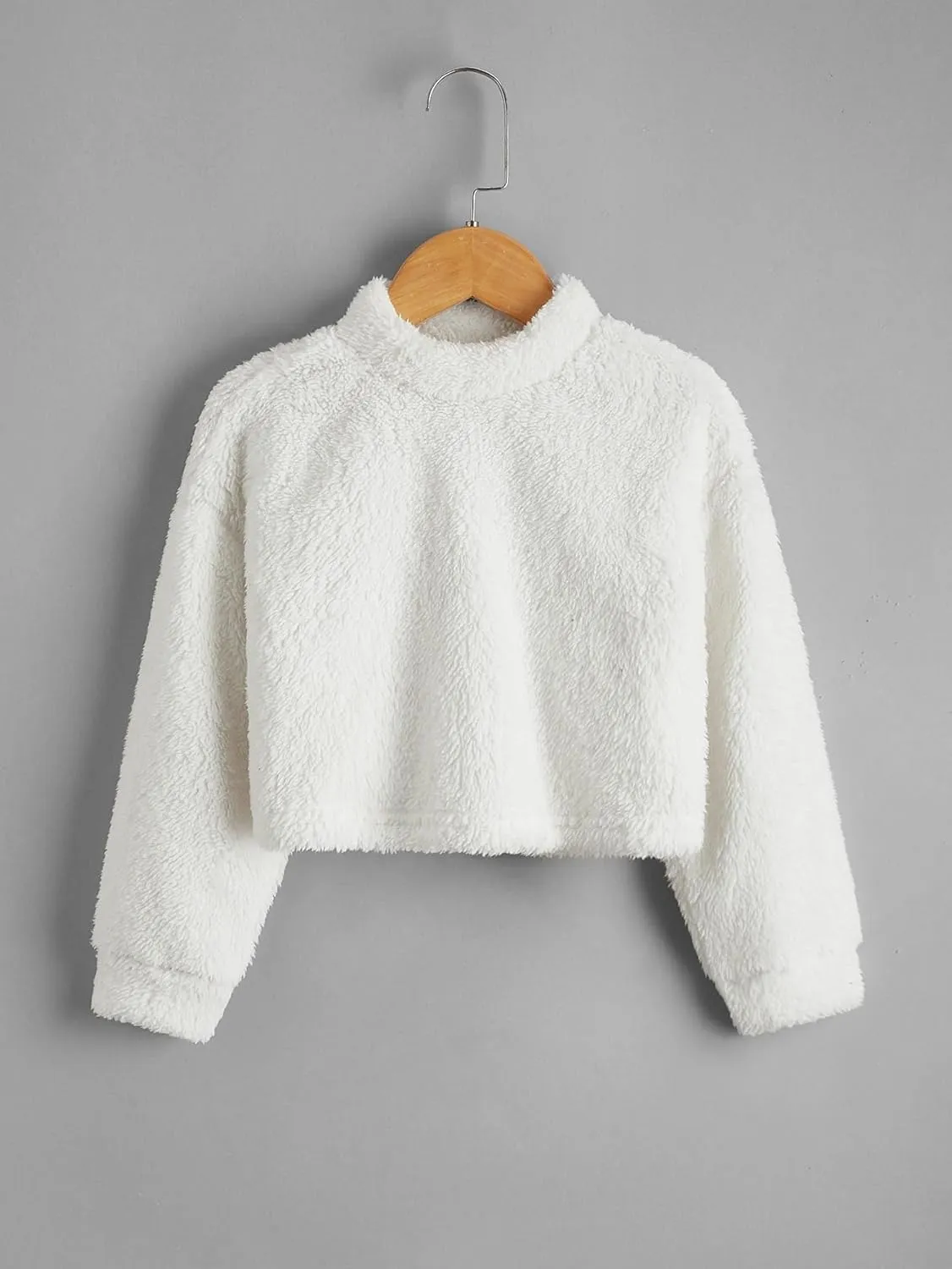 SweatyRocks Girl's Fuzzy Fleece Long Sleeve High Neck Cropped Teddy Tops Casual Cute Pullover Warm Sweatshirts