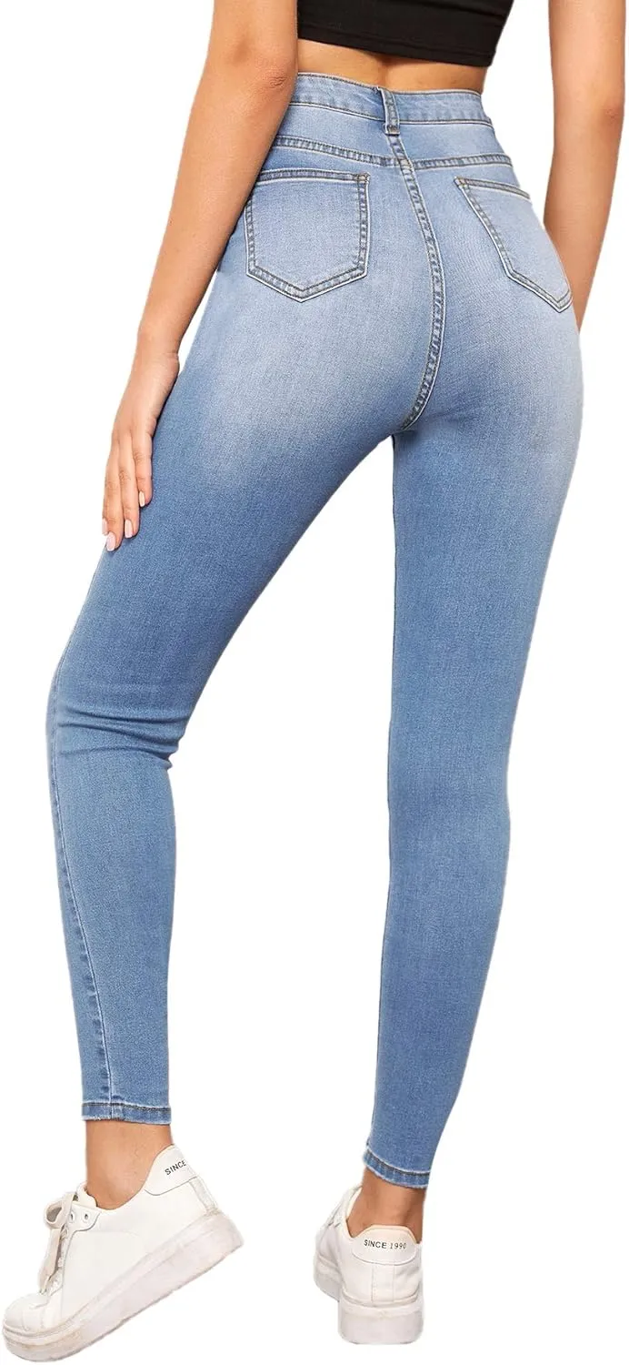 SweatyRocks Women's Casual Button High Rise Skinny Denim Jeans
